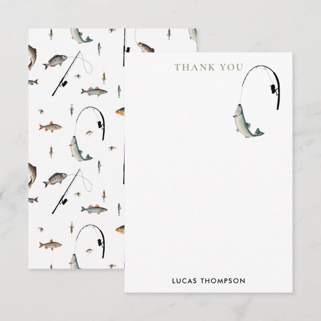 Fishing Rod & Reel Fish Theme Pattern Thank You Card (Front/Back)