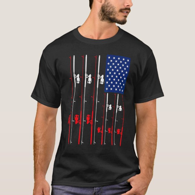 Fishing Rod Us Flag  Cute Fish Hunting T-Shirt (Front)