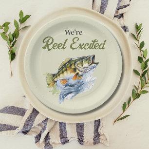 Fishing Sage Green Reel Excited Baby Shower Paper Plate