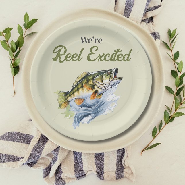 Fishing Sage Green Reel Excited Baby Shower Paper Plate (Creator Uploaded)