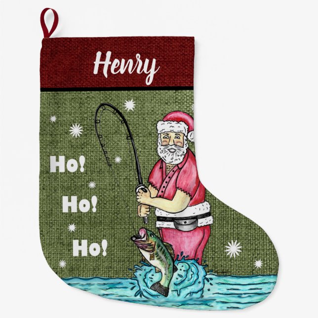 Fishing Santa Claus Large Christmas Stocking (Front)