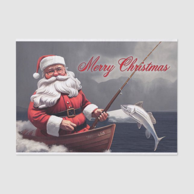 Fishing Santa Claus Merry Christmas Decoupage Tissue Paper (Front)