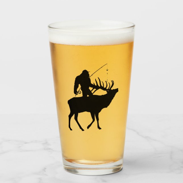 Fishing Sasquatch Riding Elk Beer Glass Tumblr (Front Filled)