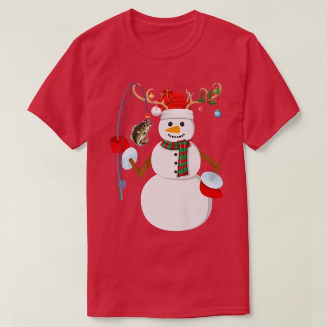 Fishing Snowman Xmas Lights Fishing Fisherman Chri T-Shirt (Design Front)