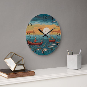 Fishing The Catch Of The Day Folk Art, Large Clock