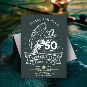 Fishing Theme Big Bass Reel In Men 50th Birthday Invitation