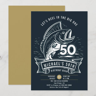Fishing Theme Big Bass Reel Navy Men 50th Birthday Invitation