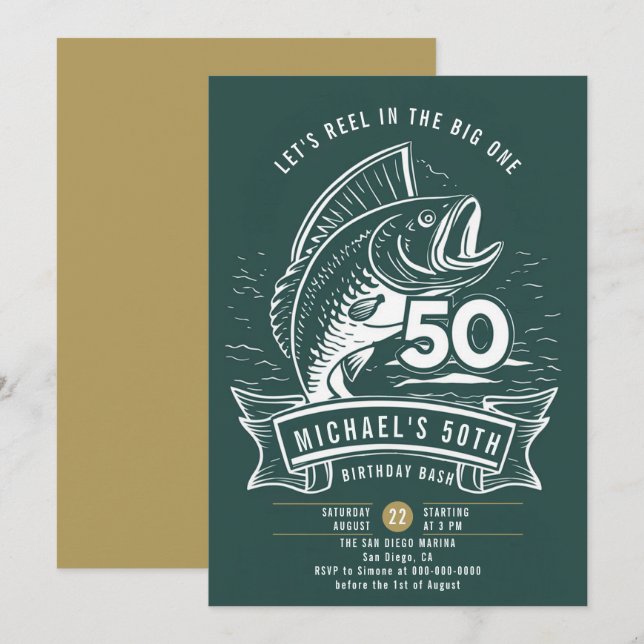Fishing Theme Big Bass Reel Teal Men 50th Birthday Invitation (Front/Back)