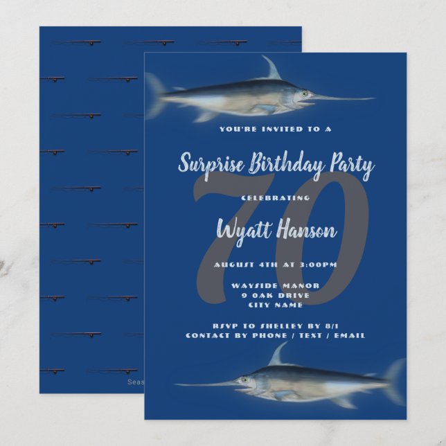 Fishing Themed Age Big Number Birthday Blue Invitation (Front/Back)