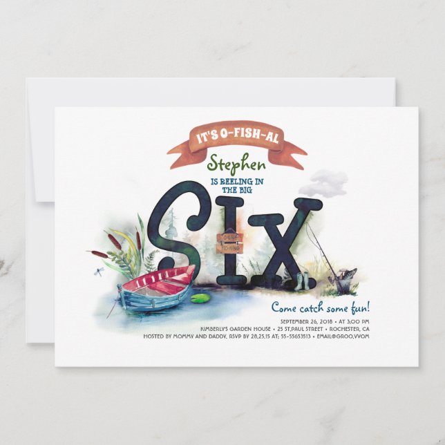 Fishing Themed Boys 6th Birthday Invitation (Front)