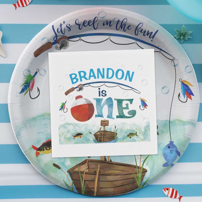 Fishing themed O-fish-ally 1st birthday party Napkin (Fishing themed paper napkins, boy 1st birthday, o fish ally one party supplies.)