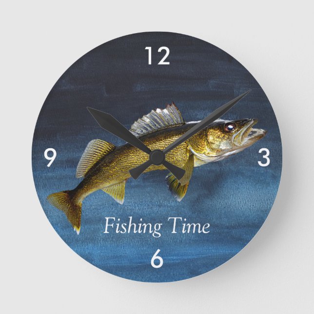 "Fishing Time" With Walleye Pike Round Clock (Front)
