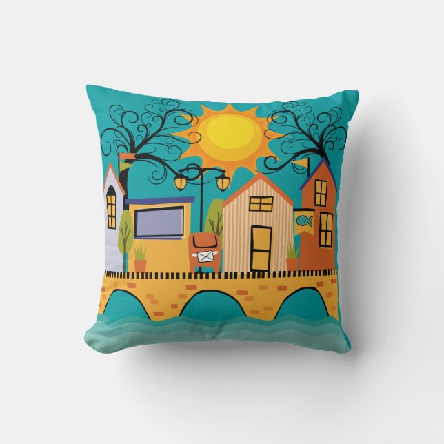 Fishing Town Scene Pillow (Front)