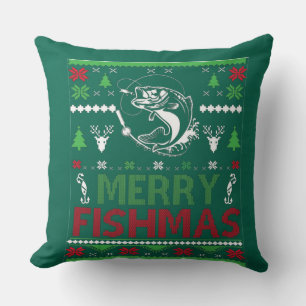 FISHING Ugly Christmas Apparel Bass Fish, Merry Fi Cushion