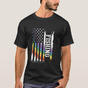 Fishing United States Distressed Rainbow w US Flag T-Shirt