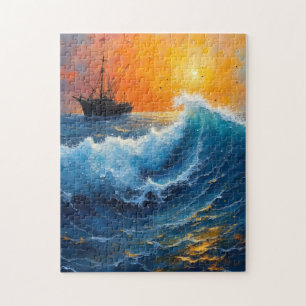 Fishing vessel on the ocean at sunrise jigsaw puzzle