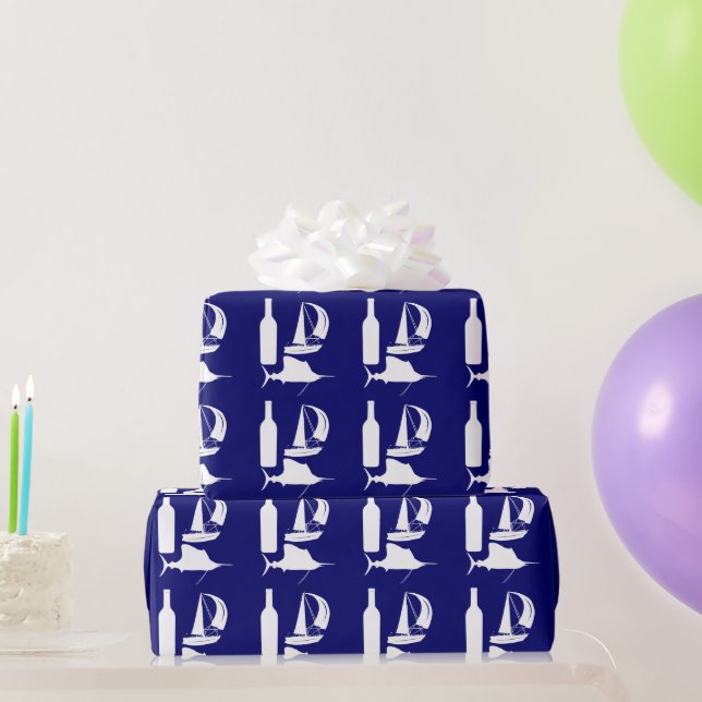 Fishing wine marlin silhouette on blue fathers wrapping paper (Party Gifts)