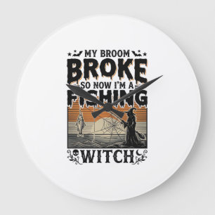 Fishing Witch Halloween Vintage Vector Design_1 Large Clock