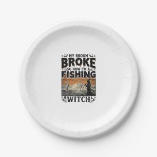 Fishing Witch Halloween Vintage Vector Design_1 Paper Plate