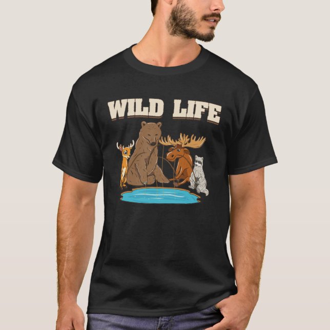 Fishing  With Deer Raccoon Moose Bear T-Shirt (Front)