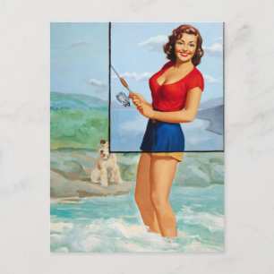 Fishing With Dog Pinup Postcard