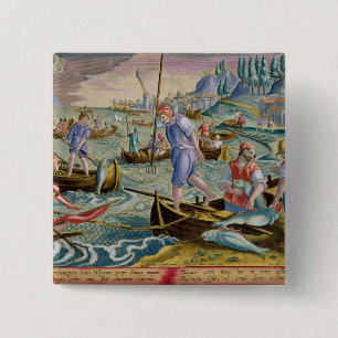 Fishing with Nets and Tridents in the Bay of Naple 15 Cm Square Badge