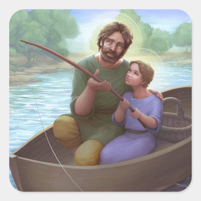 Fishing with St. Joseph Square Sticker (Front)