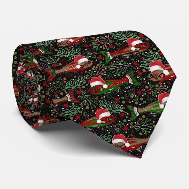 Fishing You a Merry Christmas Red Green Trout Tie (Rolled)