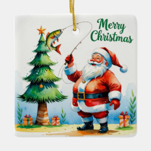 FishingChristmas with Santa Claus Ceramic Ornament