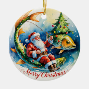 FishingChristmas with Santa Claus Ceramic Tree Decoration