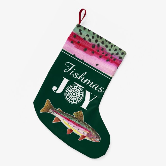 FISHmas JOY Rainbow Trout Fly Fishing Small Christmas Stocking (Front (Hanging))