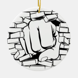 Fist Punching Through Brick Wall Ceramic Tree Decoration