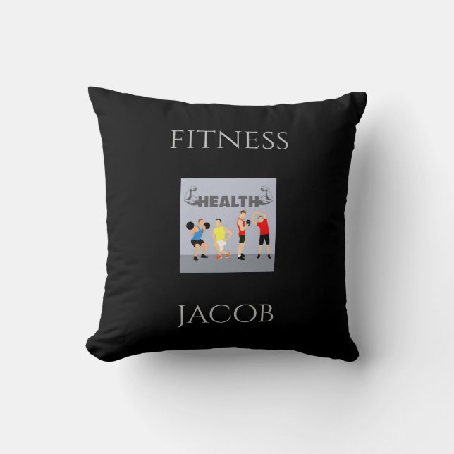 Fitness black throw pillow with personalised name. (Front)