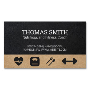 Fitness Coach   Health   Black Leather Magnetic Business Card