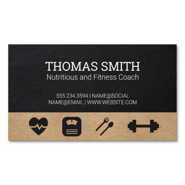 Fitness Coach | Health | Black Leather Magnetic Business Card (Front)