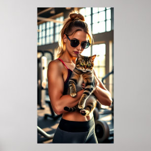 Fitness Girl&Cat in Gym. Woman Workout Motivation Poster