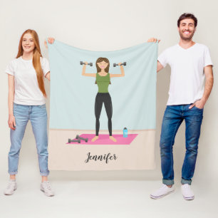 Fitness Girl Illustration Weight Lifting & Name Fleece Blanket