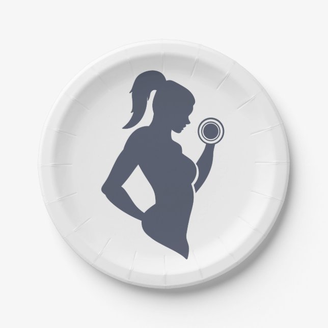 Fitness girl lifting dumbbell paper plate (Front)