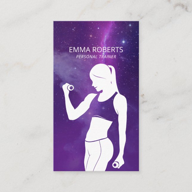 Fitness Girl Personal Trainer Purple Starry Business Card (Front)