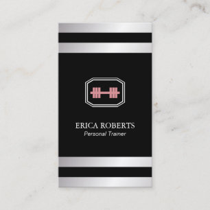 Fitness Girl Trainer Pink dumbbell Silver Stripe Business Card