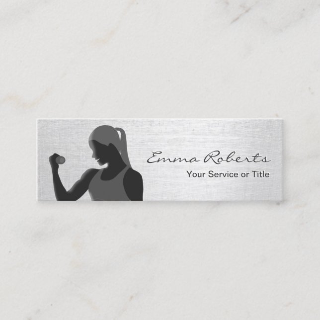 Fitness Girl Trainer Stylish Silver Mini Mini Business Card (Front)