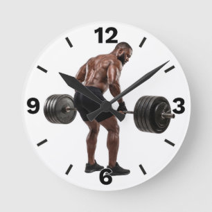 Fitness Man Deadlift Heavy Barbell Workout Round Clock