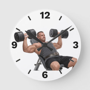 Fitness Man Heavy Dumbbells Workout Bodybuilding Round Clock