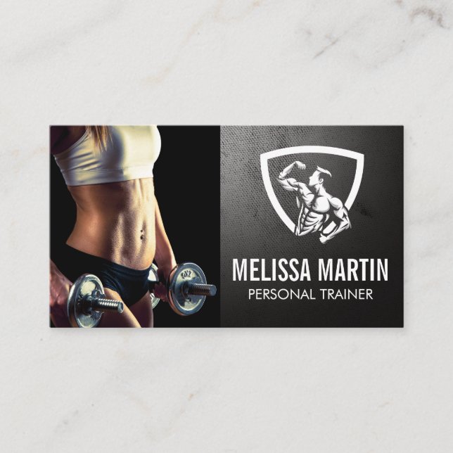 Fitness Model Holding Dumbbells | Fitness Logo Business Card (Front)