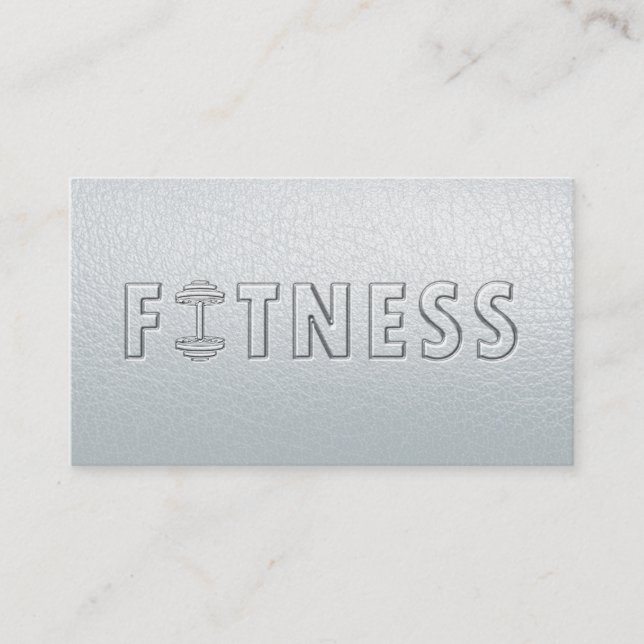 Fitness Modern Bold Text Dumbbell White Leather Business Card (Front)