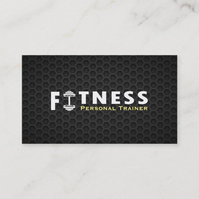 Fitness Personal Trainer Bold Text Dumbbell Logo Business Card (Front)