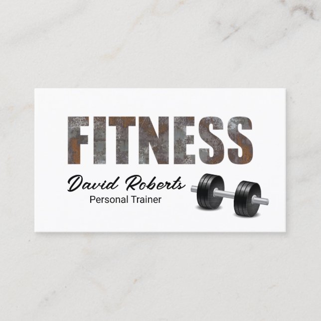 Fitness Personal Trainer Rusty Metal Typography Business Card (Front)
