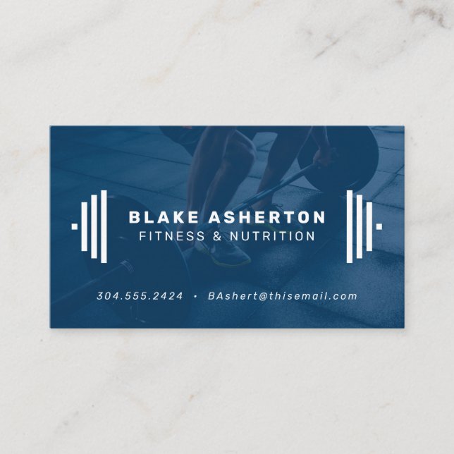 Fitness trainer blue business card with photo (Front)