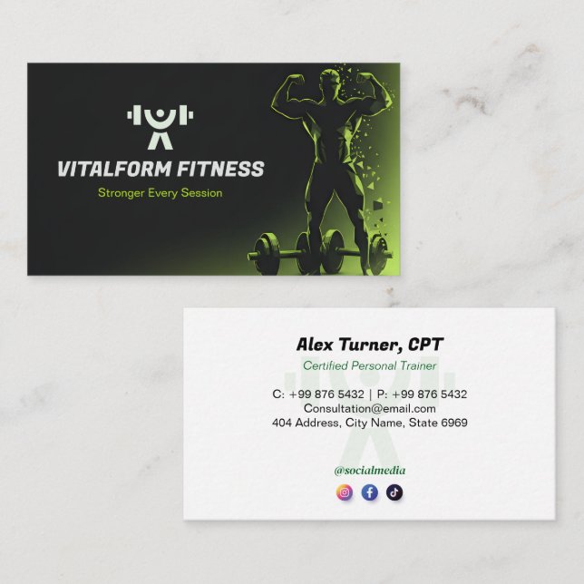 Fitness Trainer Business | Black Muscle Business Card (Front/Back)