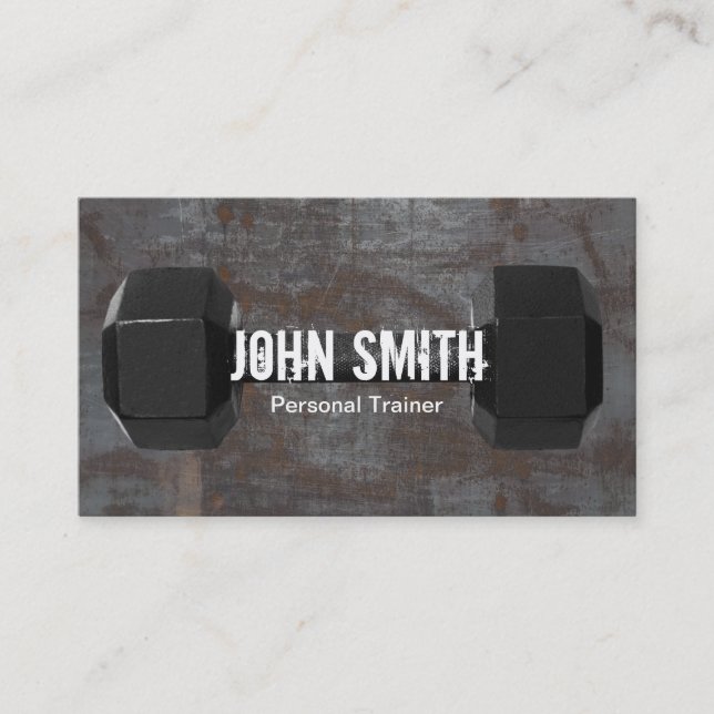 Fitness Trainer Dumbbell Rusty Metal Background Business Card (Front)